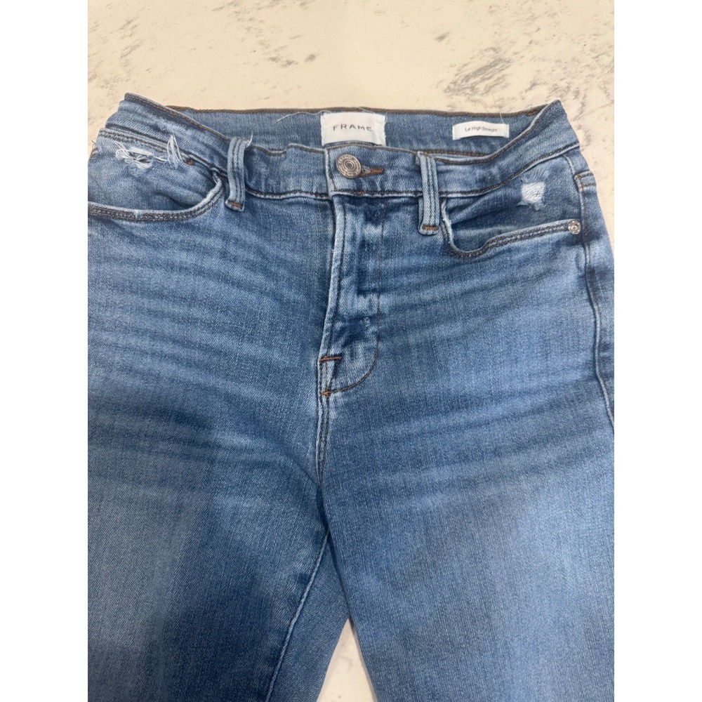 FRAME Le High Straight Jeans Westway Grind Blue‎ Distressed Raw Hem. 27